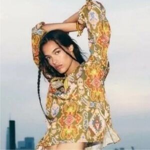 Zara XS Women’s Printed Blouse Khaki Pink Cotton Long Sleeves Boho